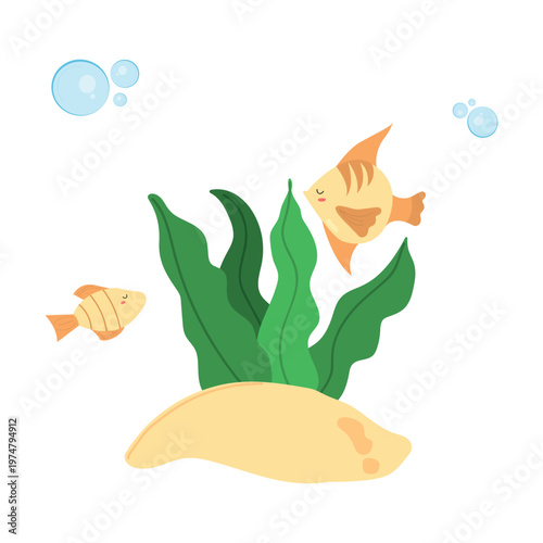 Vector Marine Life Composition with Tropical Fish, Green Seaweed and Sandy Seabed on White Background. Minimalist flat vector illustration of an underwater scene featuring orange tropical fish.