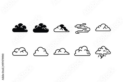 Black and white cloud icons set, various styles and shapes, minimalist weather symbols, isolated on white background, vector illustration.