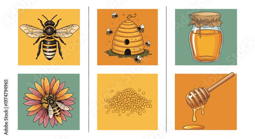 A colorful illustration of bees and honey related objects