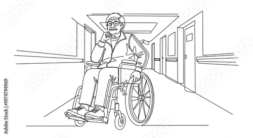 Elderly man in wheelchair using phone.