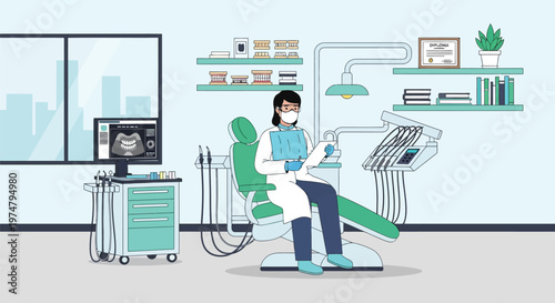 A female dentist sitting in a dental chair in a modern dental office with equipment and tools