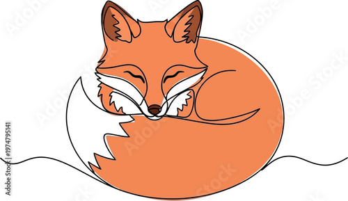 An adorable orange fox is depicted peacefully sleeping while curled up, rendered in a captivating continuous single line art style with subtle color filling, creating a minimalistic illustration.