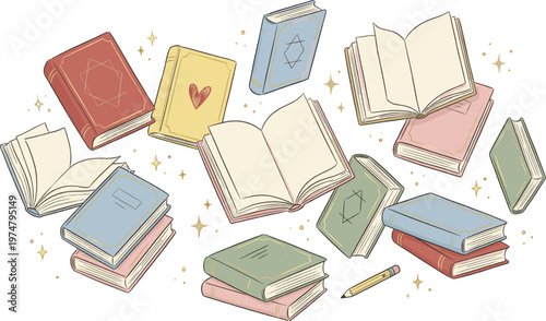 Magic Book Collection with Open and Closed Books, Fantasy Symbols, Sparkles and Reading Elements for Education, Literature and Enchanted Vector Illustration Set