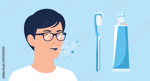 A cartoon man with bad breath standing next to a toothbrush and toothpaste