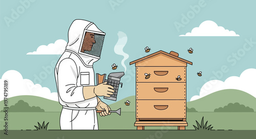 A beekeeper in a white protective suit stands next to a wooden beehive on a sunny day with a smoker and hive tool.