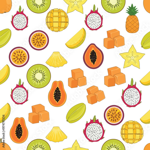 A vibrant, repeating pattern of assorted tropical fruits and cubed fruits on a white background