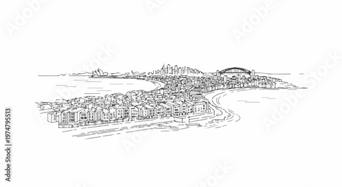 A sketched panoramic view of a coastal city skyline with a bridge and harbor