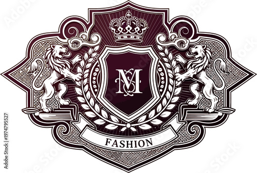 Luxurious vintage heraldic crest emblem displaying two regal golden lions supporting a central shield with intertwined initials, crowned, encircled by a laurel wreath, and a banner declaring fashion.