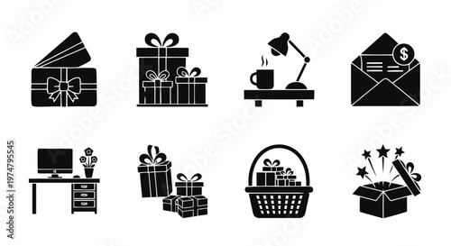 Vector illustration of set of gift and office icons on a transparent background