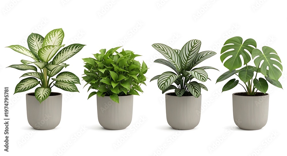 Fototapeta premium A collection of four unique indoor plants in stylish gray pots for modern home decoration