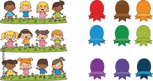 Happy children group illustrations with colorful award ribbon badges cartoon vector collection showing friendship diversity teamwork and achievement design elements