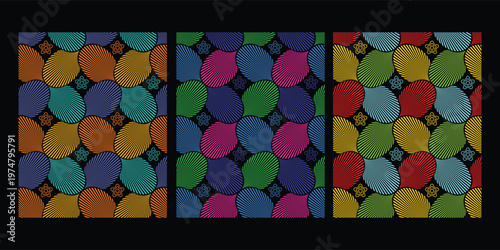 Abstract colorful pattern with circular motifs in three sections modern art digital art surface design graphic design multi colored