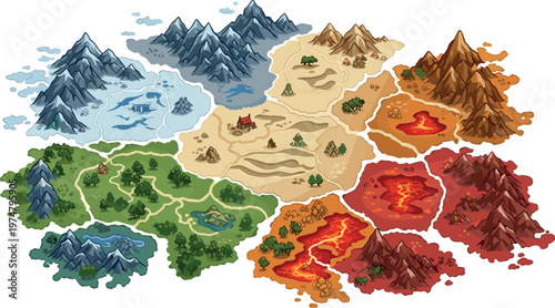 Fantasy Map Terrain Set with Biomes Mountains Desert Forest Lava Ice Regions Game World Vector Illustration Collection