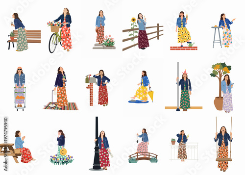 Collection of 18 flat vector illustrations showing a joyful woman in a denim jacket and floral maxi dresses performing various everyday lifestyle activities.