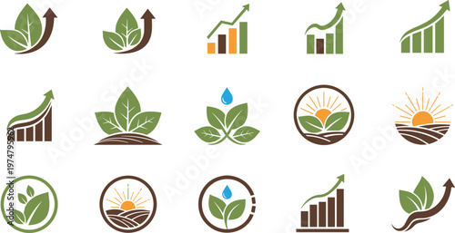 Eco Growth Icons Set Green Leaf Energy Sustainability Business Progress Organic Nature Line Vector Illustration Collection