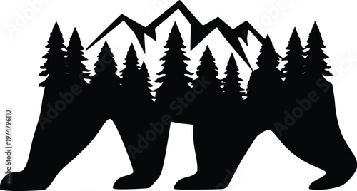 A bold silhouette of a bear standing amidst a forest and mountain landscape.