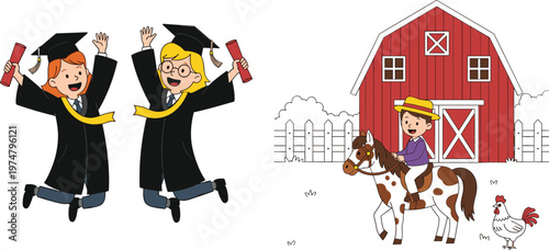 Happy graduates celebrating success with diplomas and farm scene with child riding horse near barn and chicken cartoon vector illustration