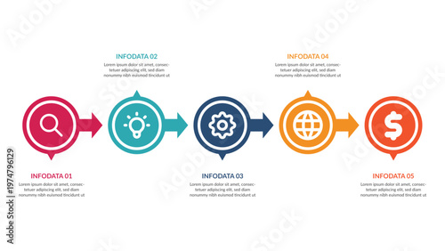 5 Steps Business Process Infographic Diagram with Icons and Horizontal Arrows