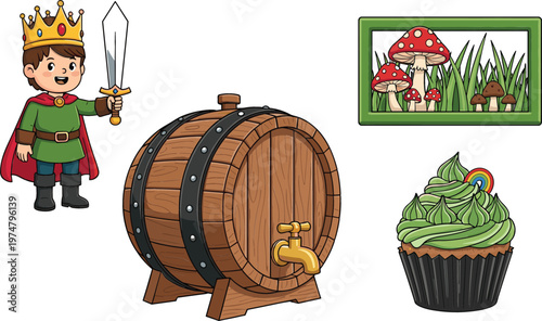 Cute king character with sword wooden barrel with tap cupcake dessert and mushroom nature frame cartoon vector illustration collection