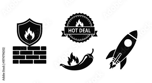 Vector illustration of set of icons with fire symbols, shield, hot deal, chili pepper and rocket on a transparent background