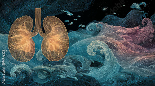 Artistic kidney anatomy with flowing ocean waves and golden glow, conceptual nephrology illustration ideal for healthcare branding, educational posters, and modern medical design