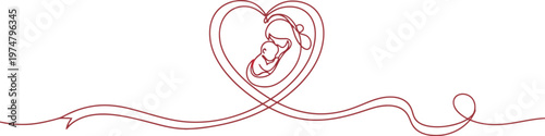 Continuous one-line drawing illustrating a tender maternal embrace of a newborn baby nestled within a loving heart shape, symbolizing unconditional love, care, and family bonding.
