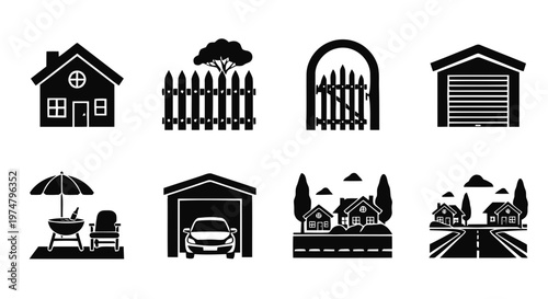 Vector illustration of set of house and real estate icons, including garage, fence, and patio on a transparent background
