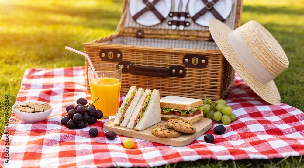 Obraz premium Sunny day picnic with wicker basket, tasty snacks, juice, and straw hat on red checkered blanket