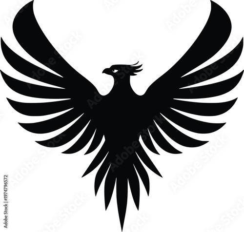 Majestic phoenix with outstretched wings displaying powerful symbolism in black and white