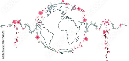 Elegant hand-drawn outline of planet Earth adorned with delicate pink and white cherry blossoms, symbolizing global nature, springtime beauty, environmental awareness, and worldwide connection.