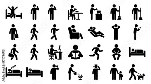 A set of black silhouette icon illustrations depicting people performing daily activities.