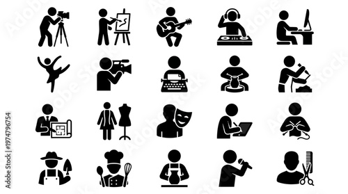 A set of silhouette icons depicting people in various professions and activities.