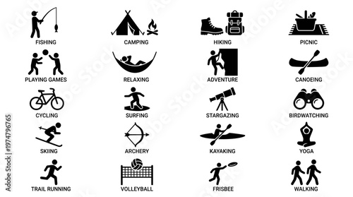 A set of silhouette icon illustrations depicting various outdoor activities and sports.