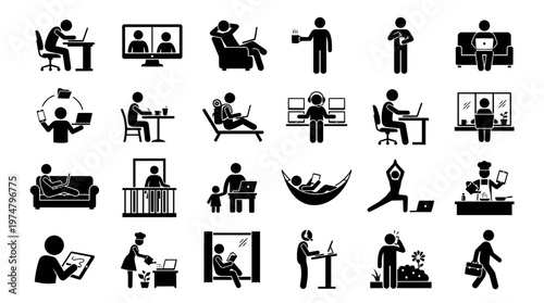 A set of silhouette icons depicting people in various daily activities and environments.