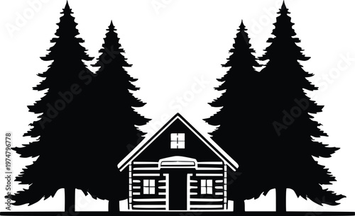 Cozy log cabin nestled between tall evergreen trees in a serene woodland setting