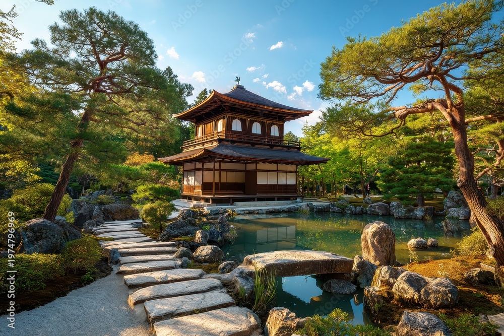 Fototapeta premium Serene Japanese Garden Pavilion With Reflecting Pond And Stone Pathway Bathed In Golden Sunlight On A Clear Day