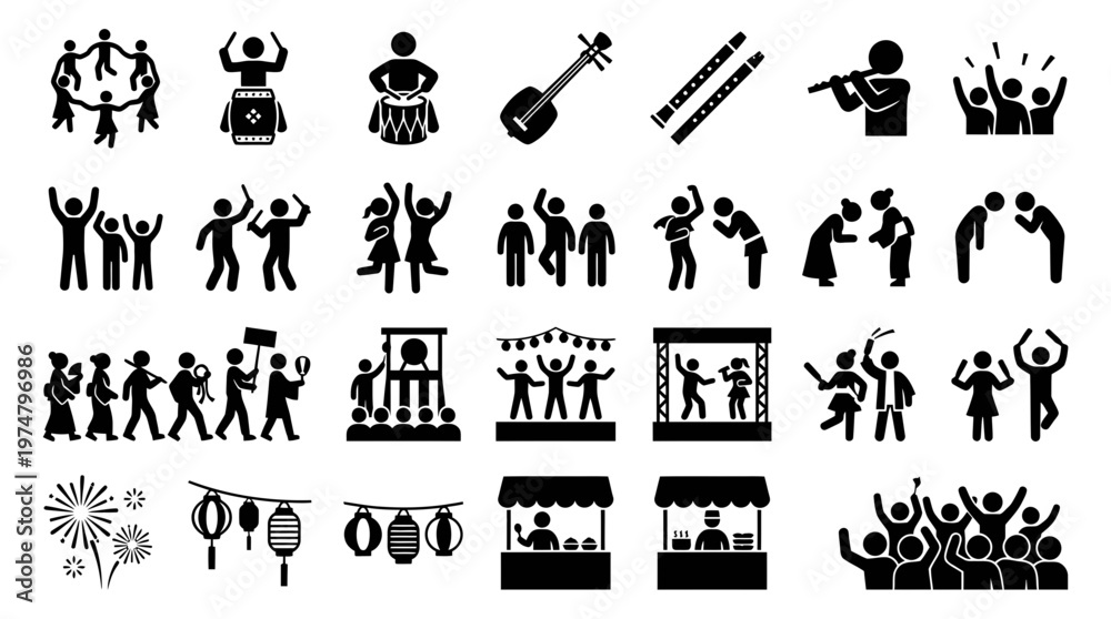 Fototapeta premium The set includes silhouette and icon images of people celebrating at a festival with music and food.