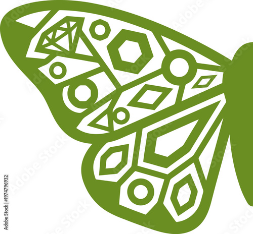 Green butterfly wing vector with geometric patterns, decorative insect wing silhouette, mosaic butterfly wing design for nature branding