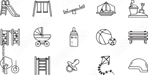 Kids Playground and Outdoor Fun Line Icon Set