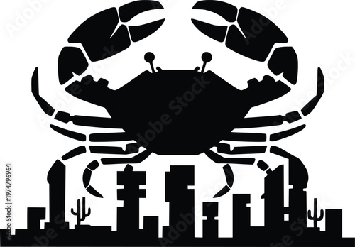 A creative silhouette of a crab overlooking a cityscape with cactus elements.