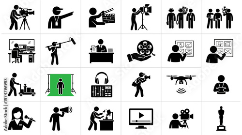A set of black silhouette icons depicting various people in different professions and activities.