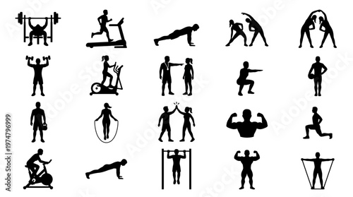 The silhouette set of fitness icons depicts people exercising indoors.