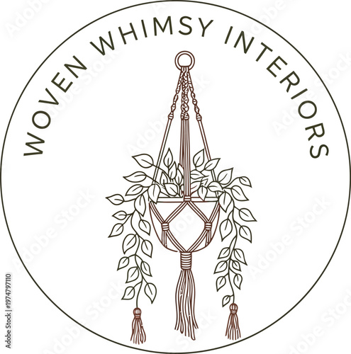 Modern minimalist logo design showcasing a macrame plant hanger with lush green leaves, perfect for interior styling, home decor, or bohemian lifestyle brands requiring creative branding.