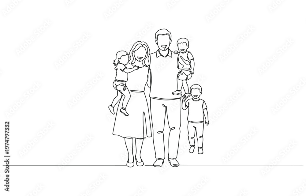Obraz premium Happy family in continuous line art drawing style.