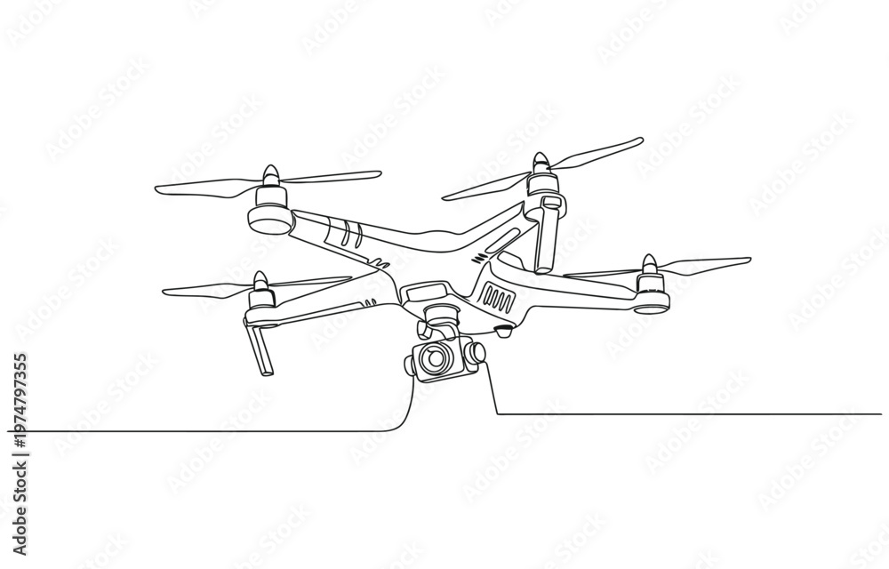 Fototapeta premium Vector continuous one single line drawing icon of quadcopter camera drone.