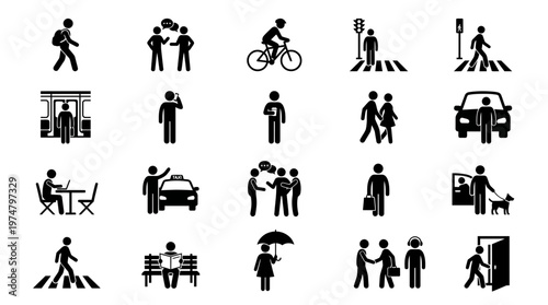A set of silhouette people icons depicting daily activities in an urban environment.