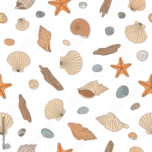Seamless pattern of beach treasures shells, starfish, driftwood, and smooth stones