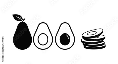 Vector illustration of set of avocado icons, whole fruit, halves and sliced pieces on a transparent background