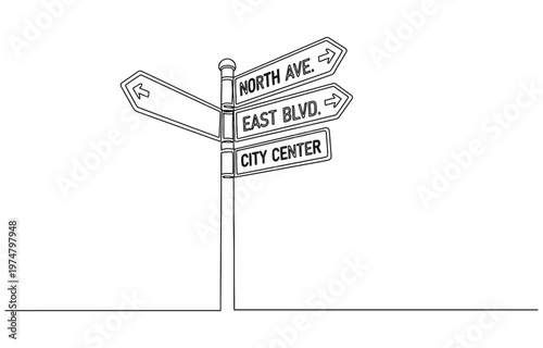 Animated self drawing of continuous line draw wooden way direction sign.