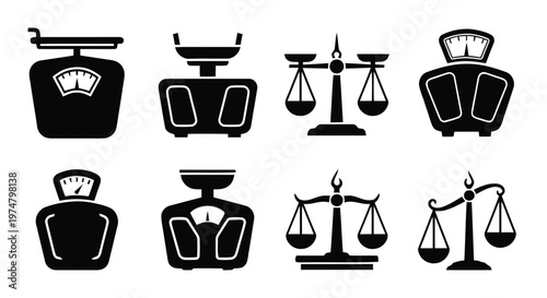 Vector illustration of set of weighing scales icons on a transparent background